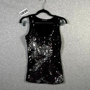 Esti Couture Tank Top Womens Medium Black Silver Stretch Sequin Party Round Neck